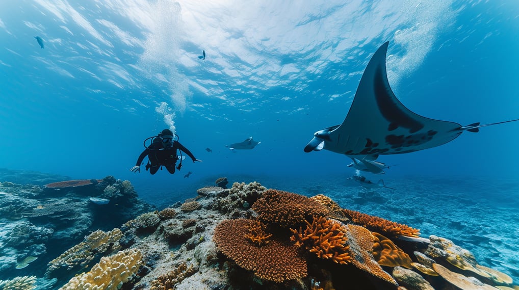 a scuba diver beside a manta ray under water