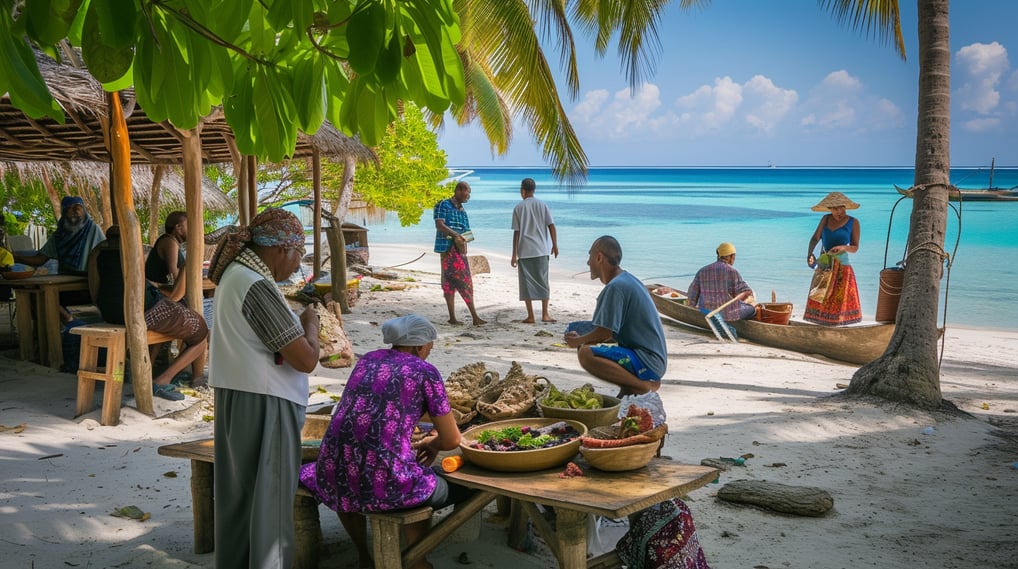 a group of people standing around a table with food