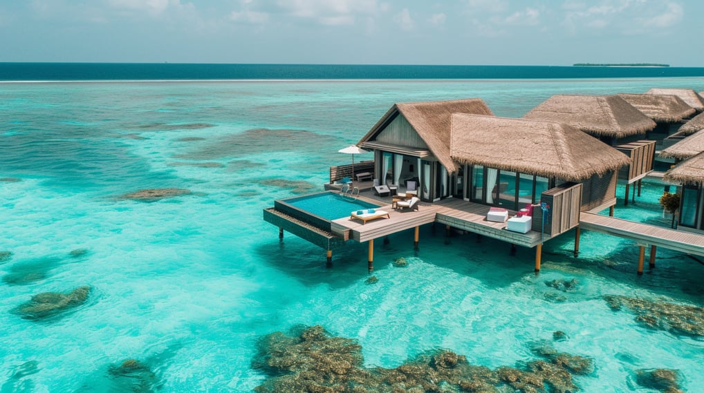 an overwater bungalow with a thatched roof and a pool