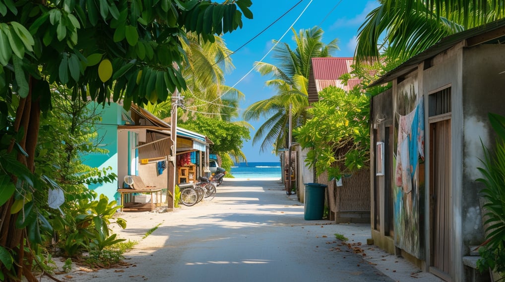 a pathway in the middle of houses along the street that leads to the beach