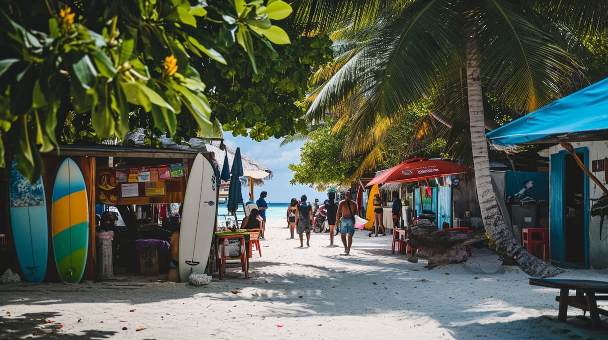 surfboards standing up beside a shop by the beach in the maldives