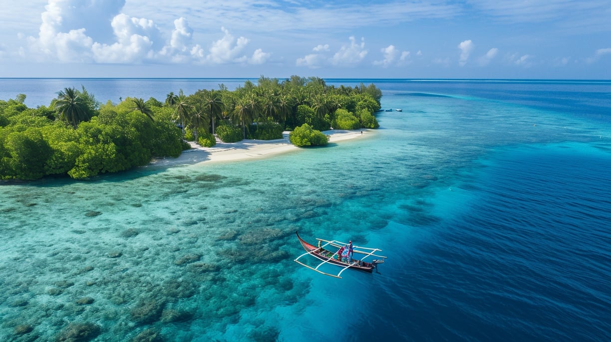 a boat in the water near a small island in the maldives
