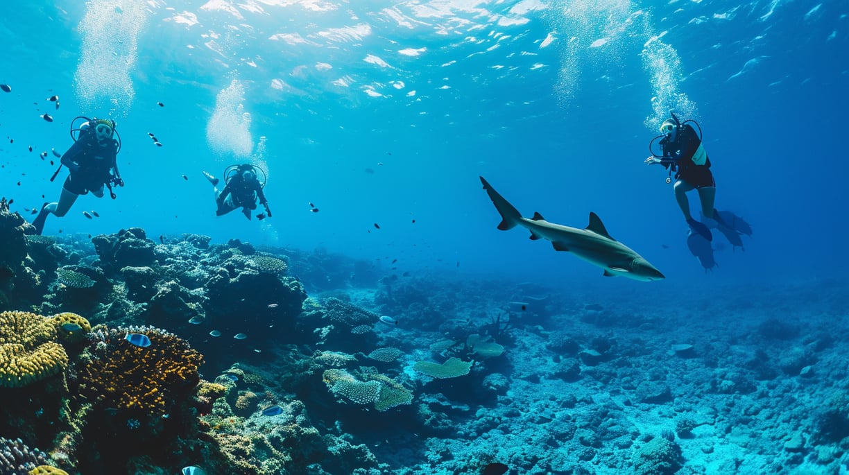 a group of scuba divers swimming with a whale shark in the maldives