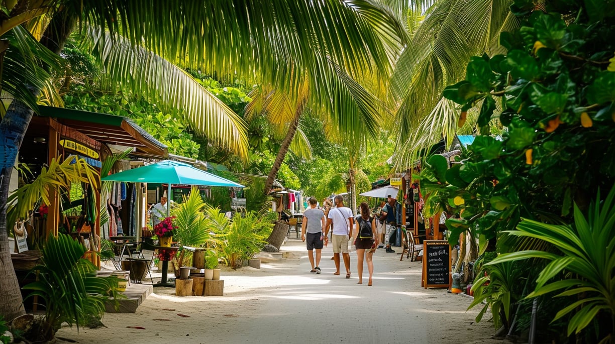 a couple of people walking down a path with shops on the side