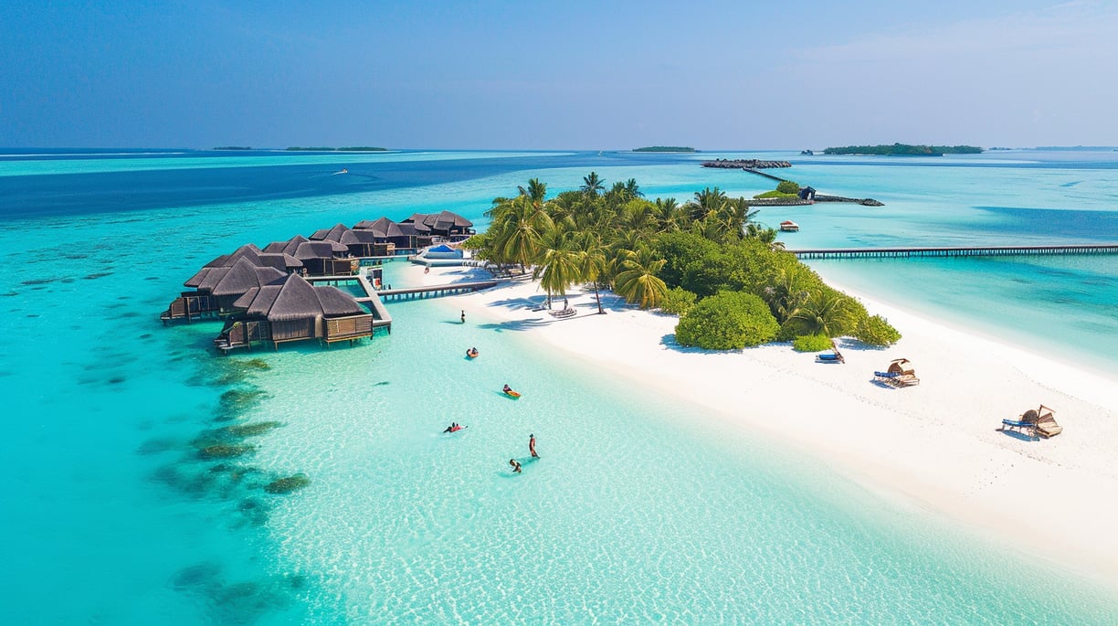 aerial shot of overwater bungalows in the maldives