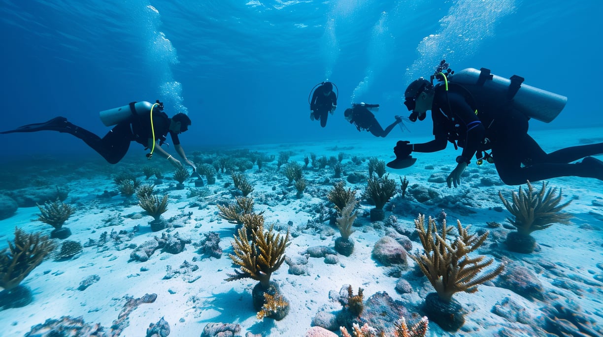 a group of scuba divers planting corals in the maldives