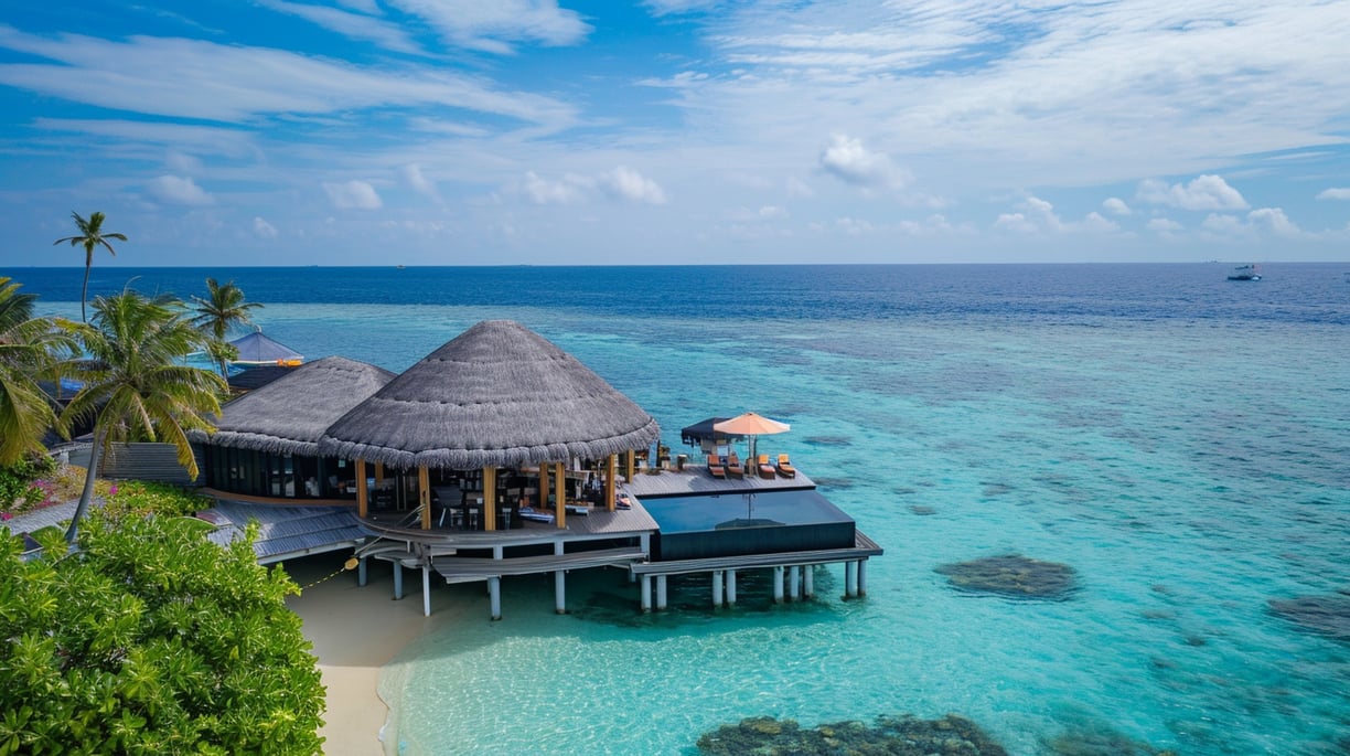 a hut by the beach in maldives with a thatched roof