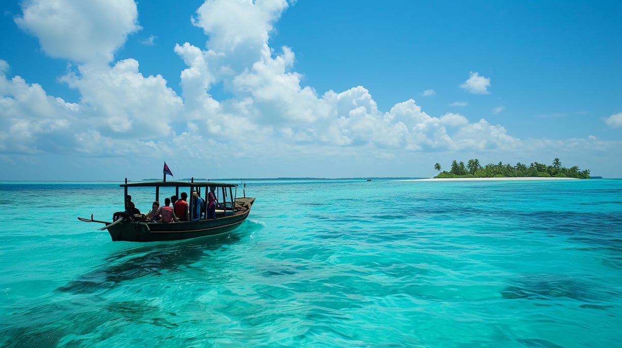 a traditional dhoni boat with people on it