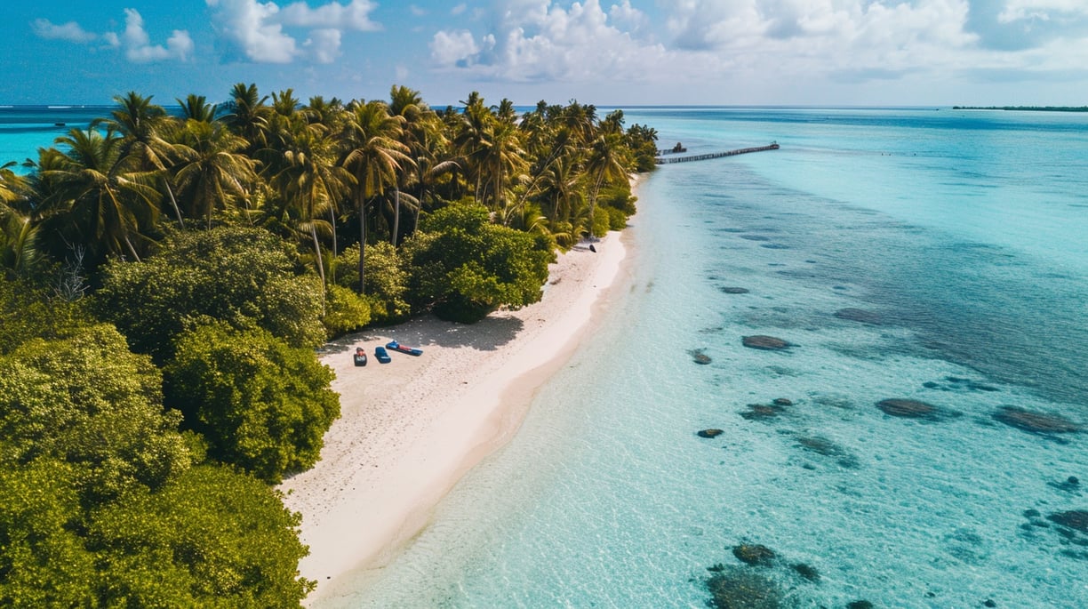 lush vegetation and clear blue waters at Dhigurah Island in Maldives