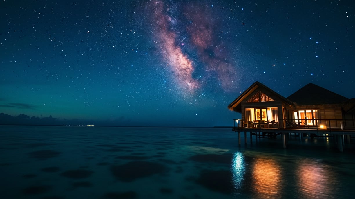 overwater bungalow under a starry night sky in maldives