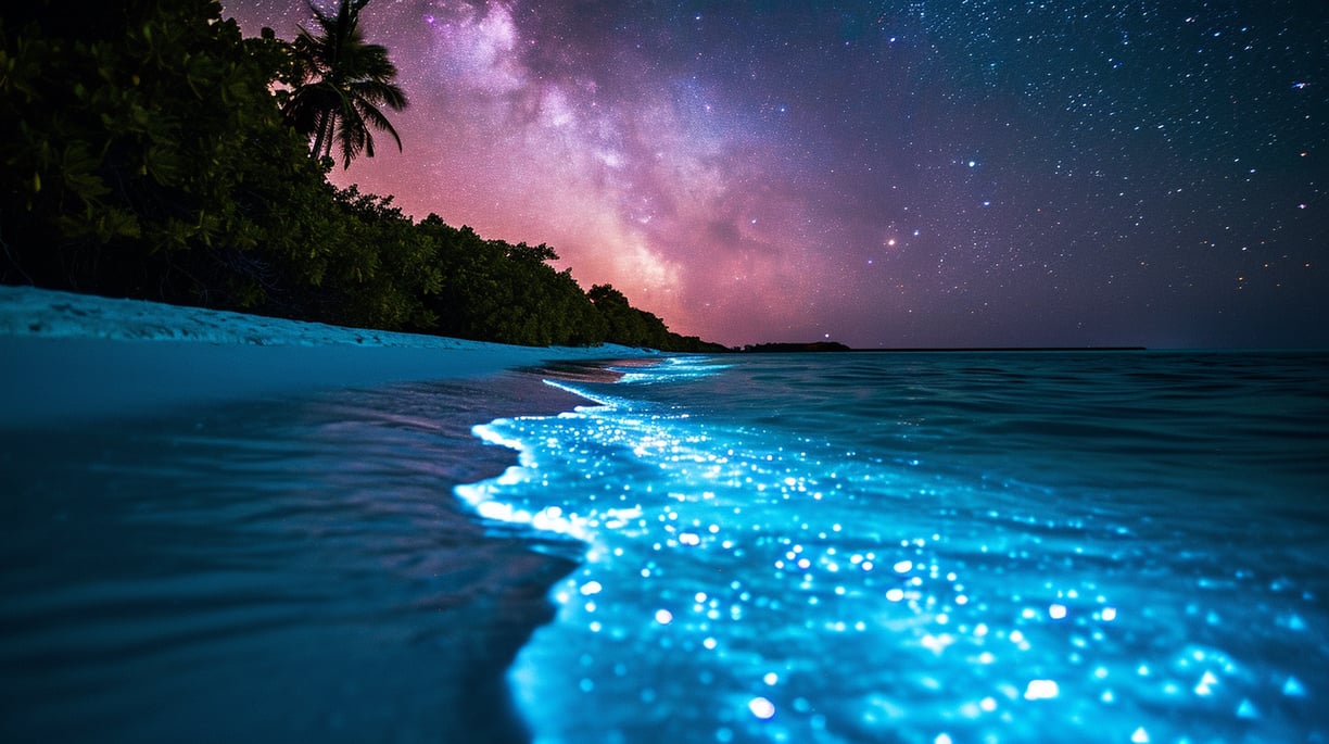 a bioluminescent beach in the Maldives under a starry sky