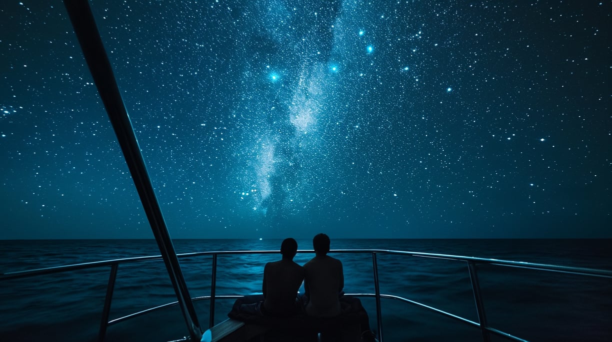 two people sitting on a boat looking at the stars in maldives