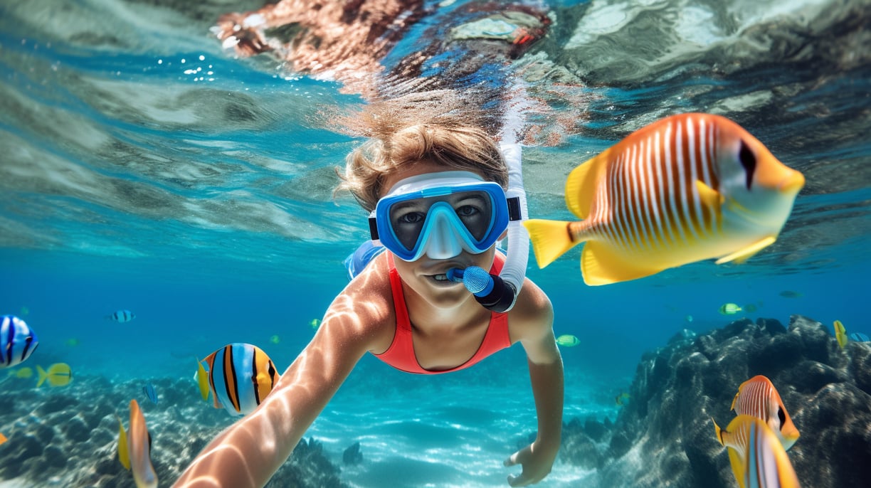 a woman snorkeling with colorful fishes
