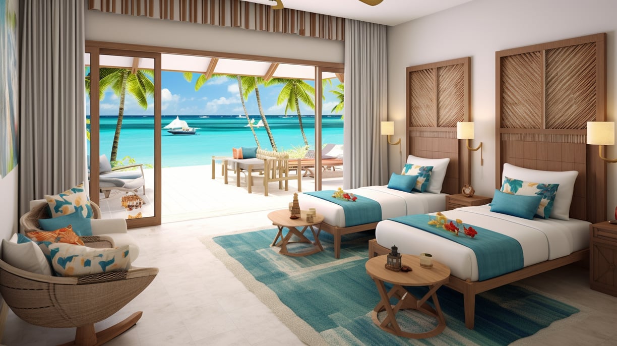 a bedroom with two beds and a balcony