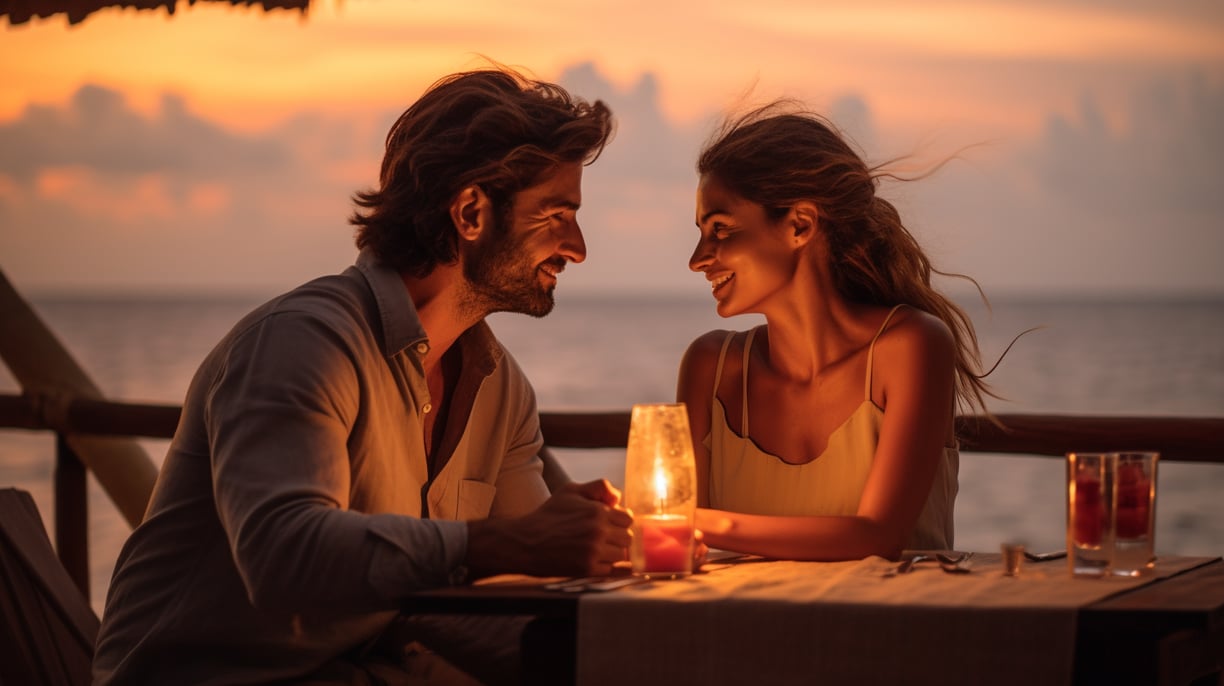 a man and woman sitting at a table with candles