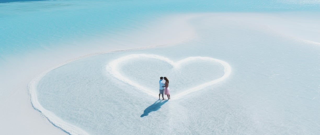 a couple standing in the middle of a heart shaped sand