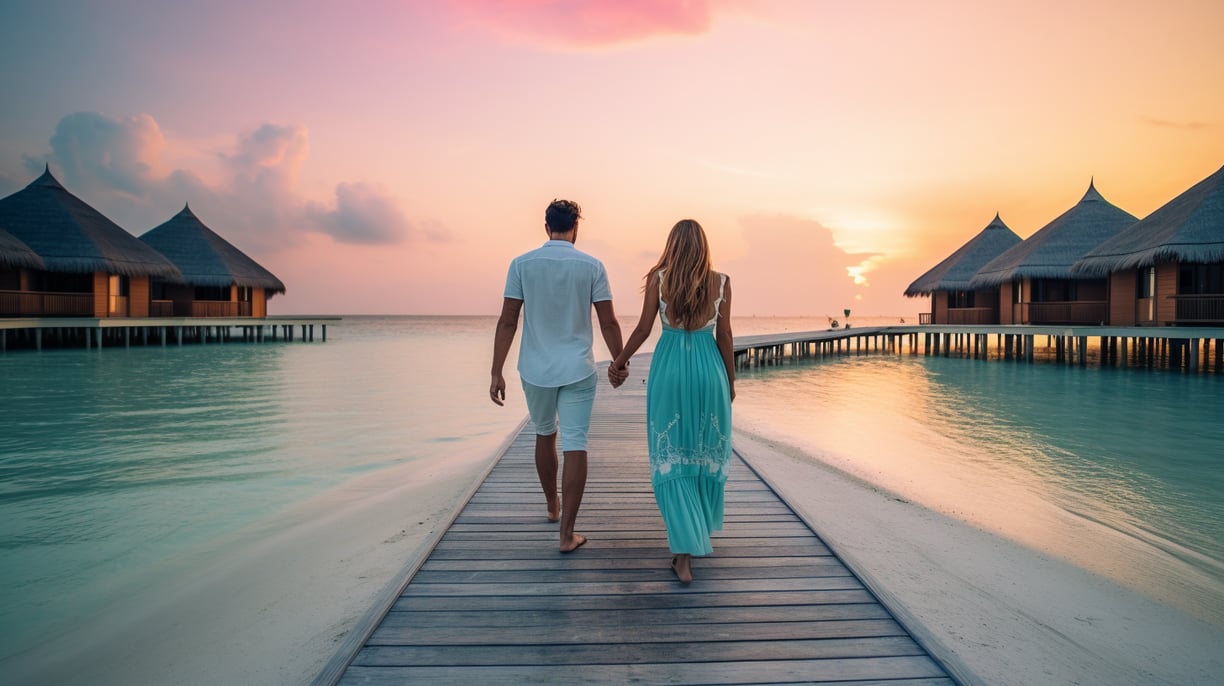 a man and woman walking along a beach pier