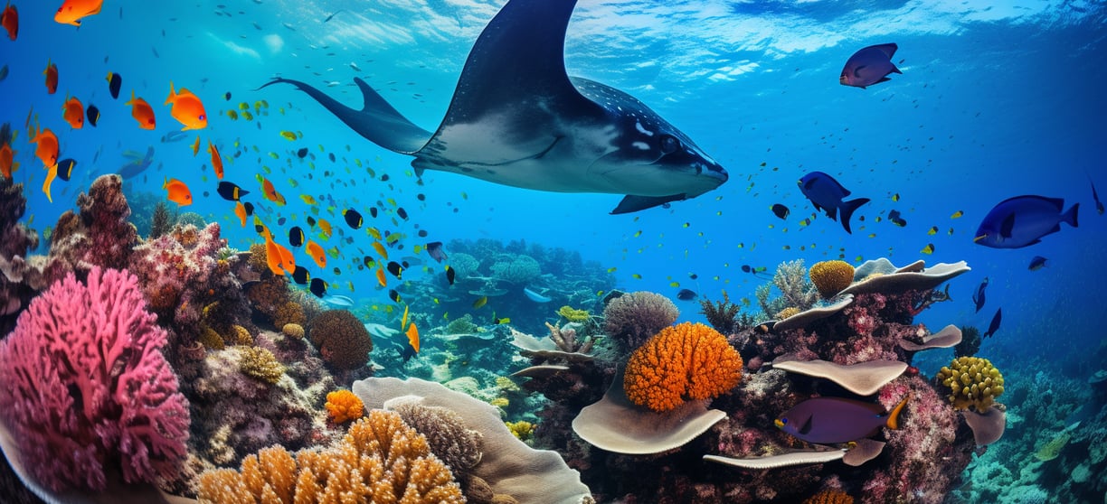 a manta ray swimming beside coral reefs