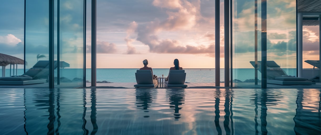 a couple sitting on a couch in a large pool