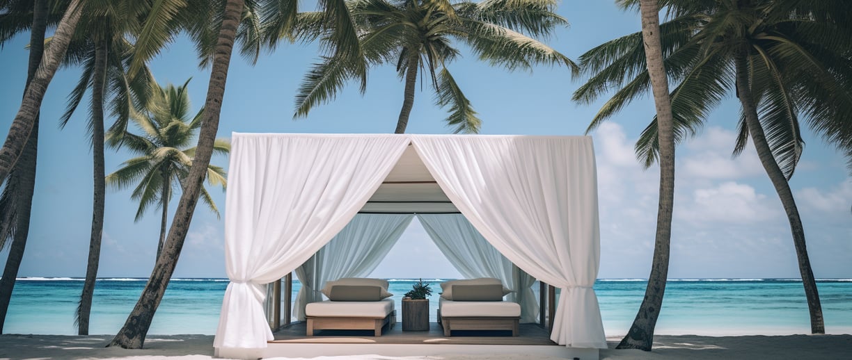 a canopy bed with white curtains