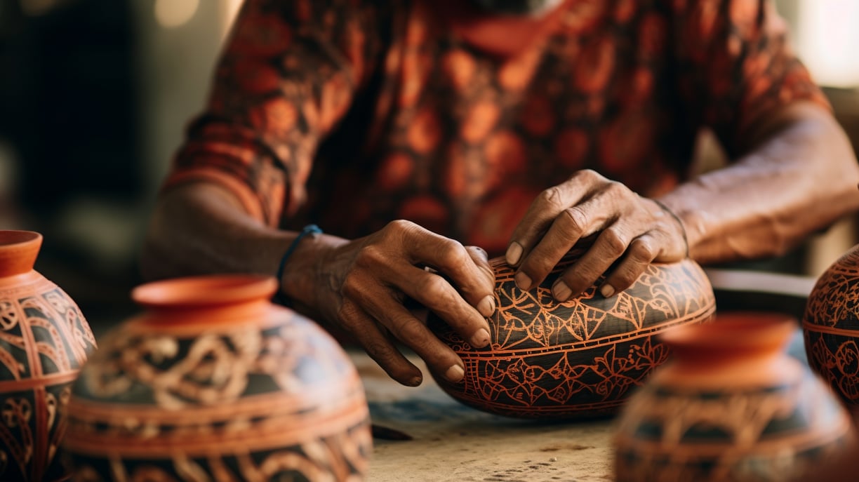 an artisan making intricately-designed vases