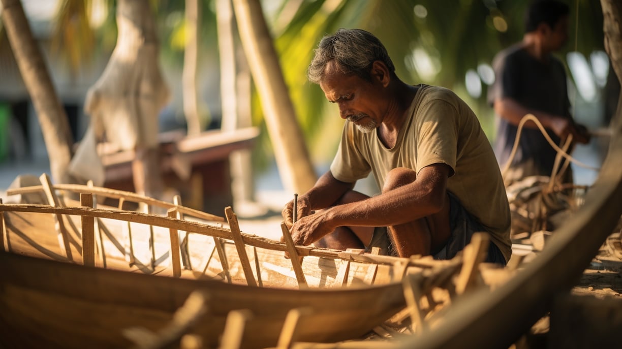 a craftsman assembling a boat made of wood