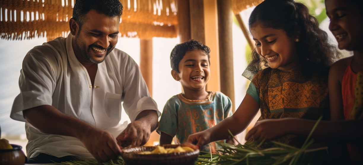 a happy Maldivian family preparing food ingredients
