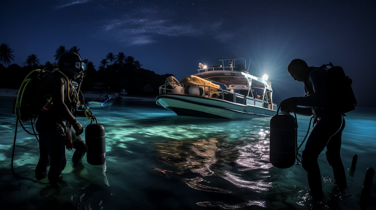 divers beside a boat preparing for a diving session at night