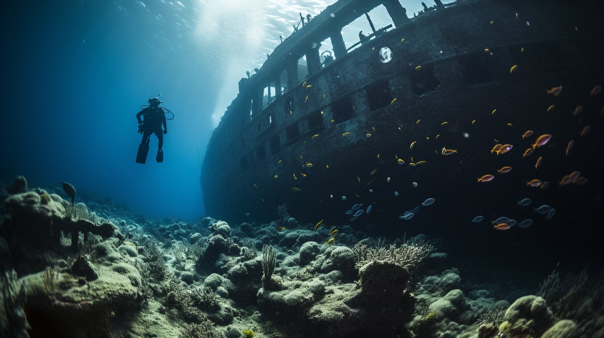 a diver descending to the coral reefs