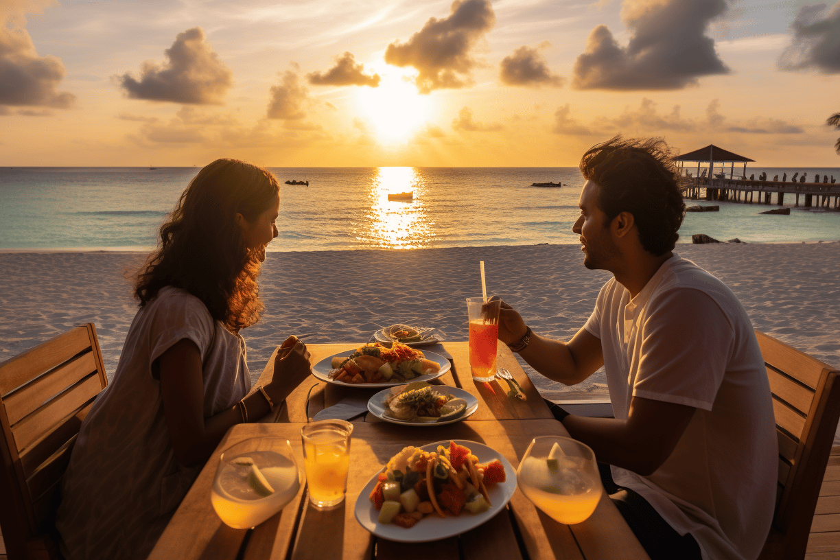 A couple sharing a romantic meal on the beach, illuminated by the warm glow of a sunset in the background