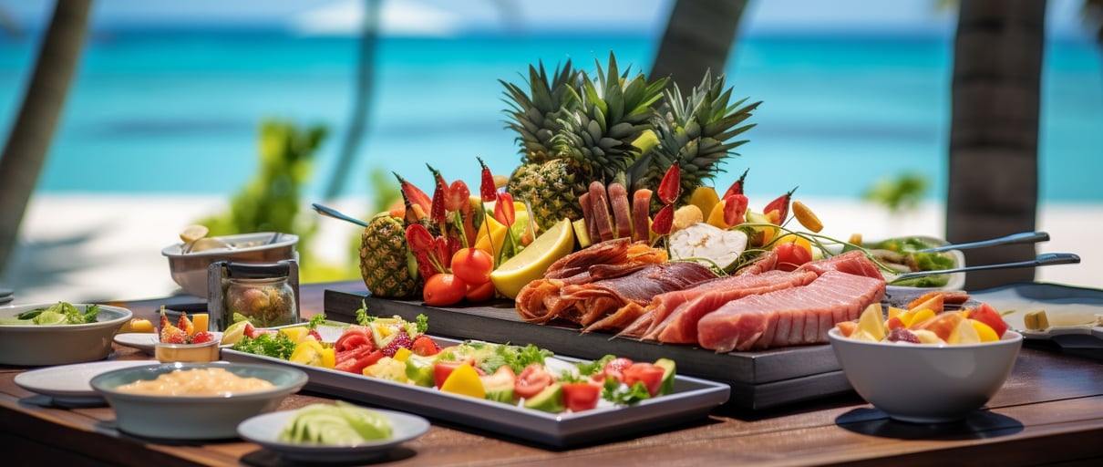 a table set in front of the beach filled with fruits and raw food