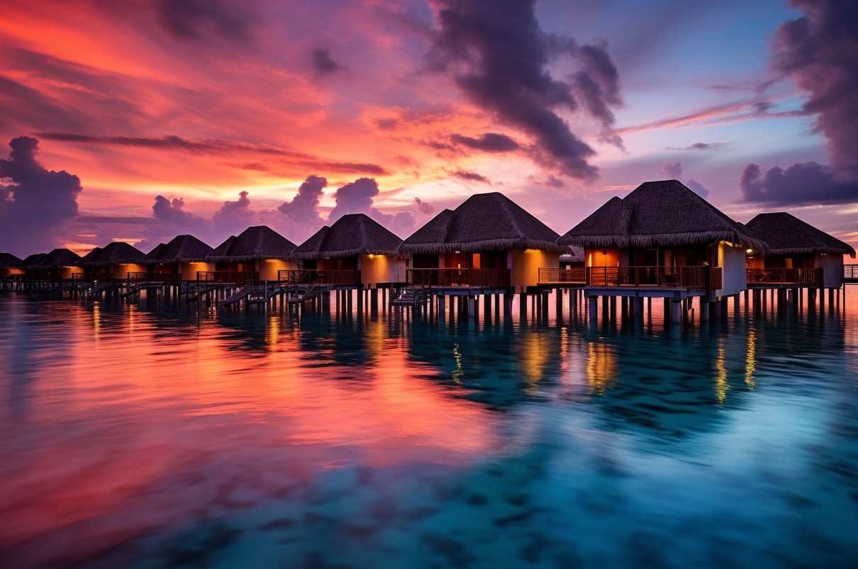 a row of overwater bungalows during sunset