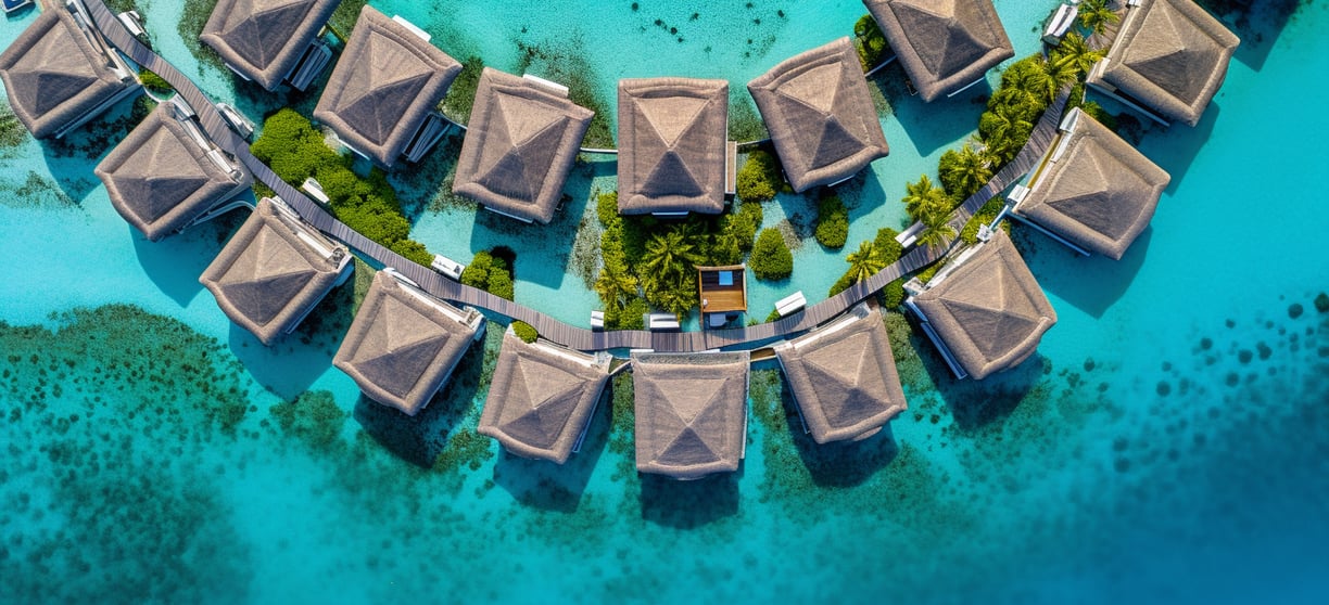aerial shot of overwater bungalows