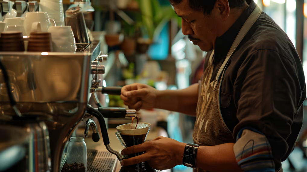 a man is making a coffee at a coffee shop
