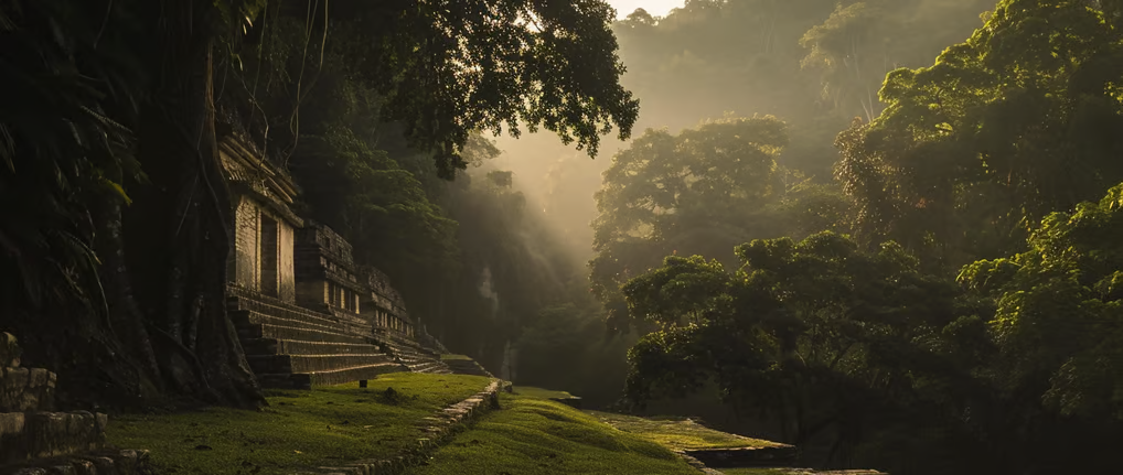 the Mayan ruins of Palenque, with the ancient temples and palaces bathed in soft golden light the Mayan ruins of Palenque, with the ancient temples and palaces bathed in soft golden light