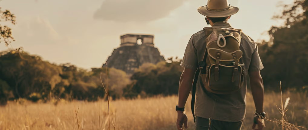 a person walking through the ruins of Uxmal, with the magnificent Pyramid of the Magician in the bac a person walking through the ruins of Uxmal, with the magnificent Pyramid of the Magician in the bac