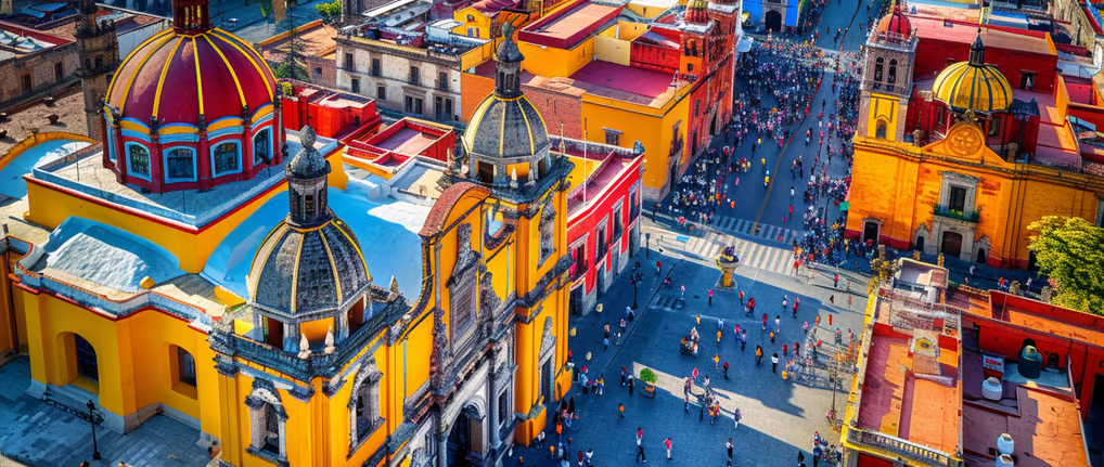 Aerial view of Mexico City's historic center with colorful buildings and bustling streets Aerial view of Mexico City's historic center with colorful buildings and bustling streets