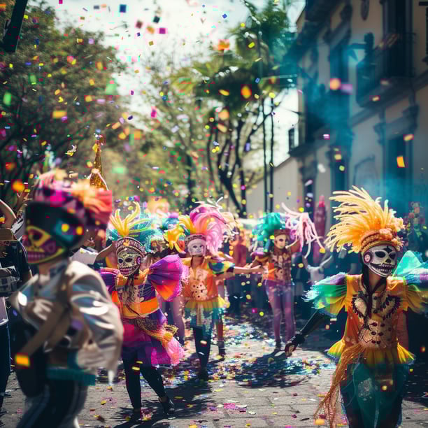 a group of people in costumes on a street in mexico