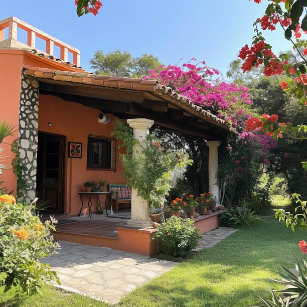 a house with a porch and a patio with flowers in mexico a house with a porch and a patio with flowers in mexico