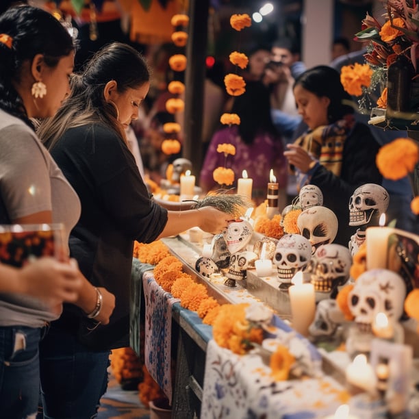 a woman is serving food to a crowd during the day of the dead celebration in mexico