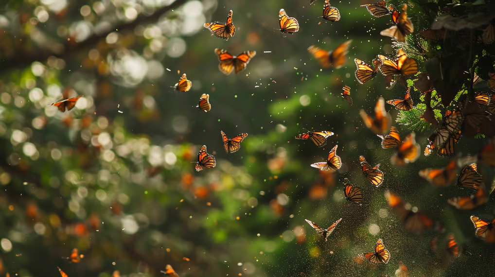 a bunch of butterflies flying in the air