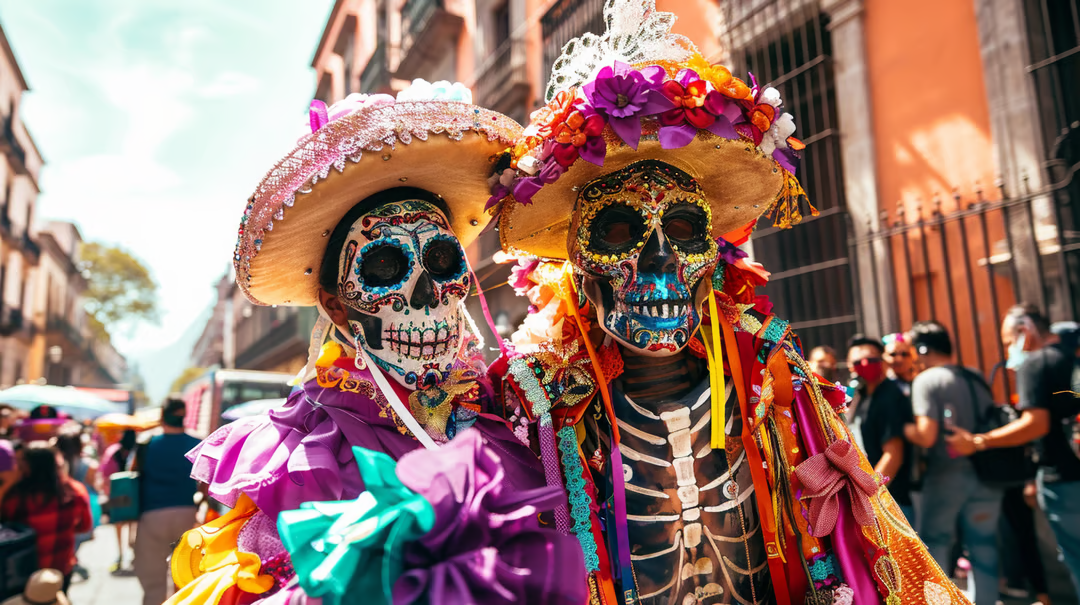 two people in day of the dead costumes with hats in mexico