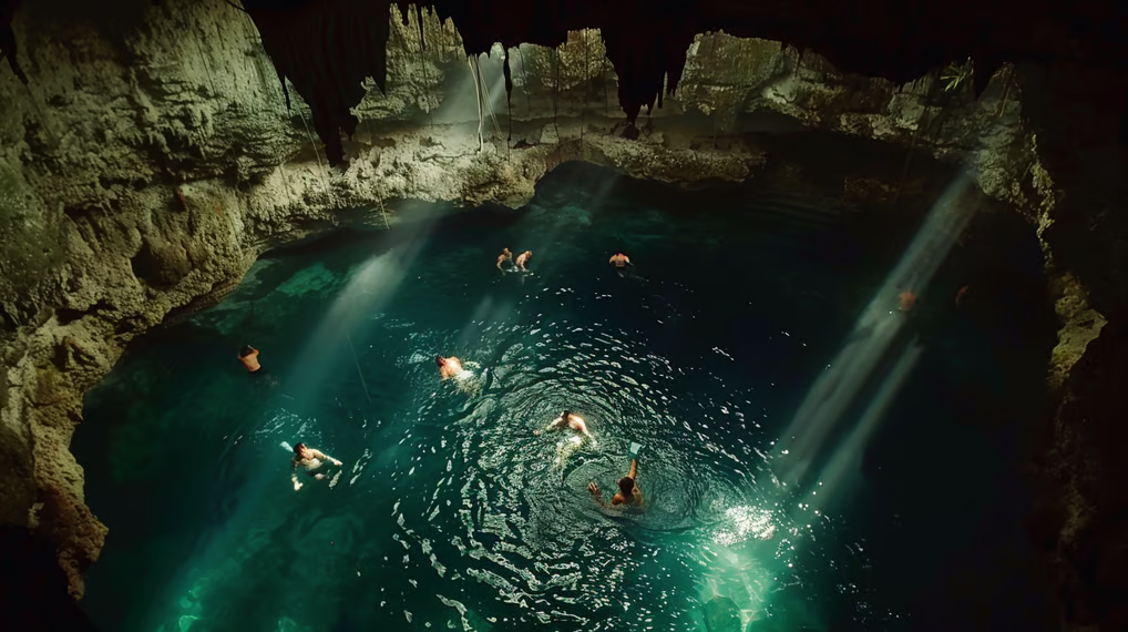 a group of people swimming in a cave in mexico"