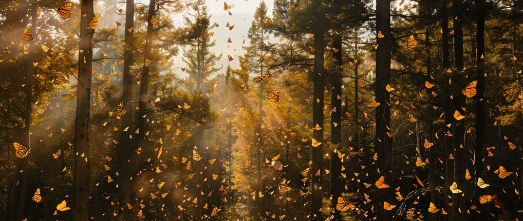 a forest scene with a lot of butterflies flying around