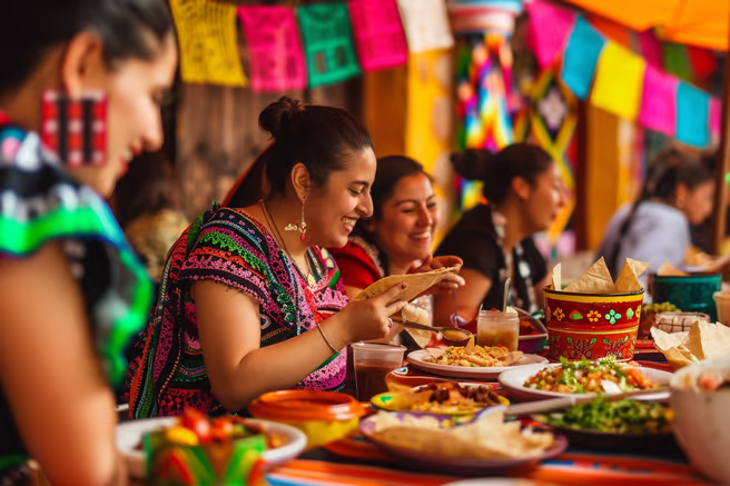 a group of people sitting at a table with food in mexico a group of people sitting at a table with food in mexico