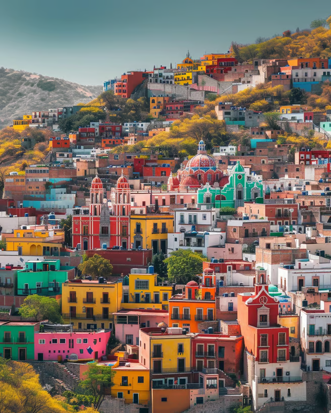 a hillside with colorful buildings and a mountain in the background in mexico a hillside with colorful buildings and a mountain in the background in mexico