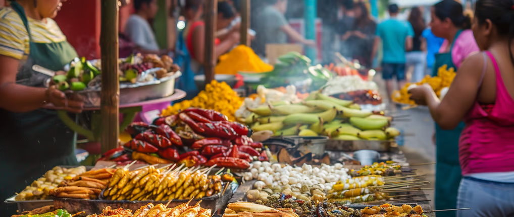 a woman is standing in front of a table with food a woman is standing in front of a table with food