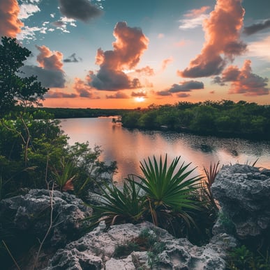 a sunset over a body of water in yucatan peninsula, mexico a sunset over a body of water in yucatan peninsula, mexico