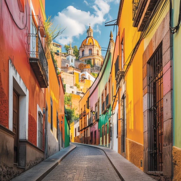 a narrow street that leads to a church in guanajuato, mexico a narrow street that leads to a church in guanajuato, mexico