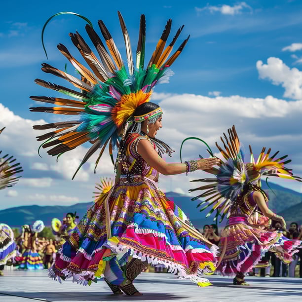 a woman in a colorful dress dancing at a festival in mexico
